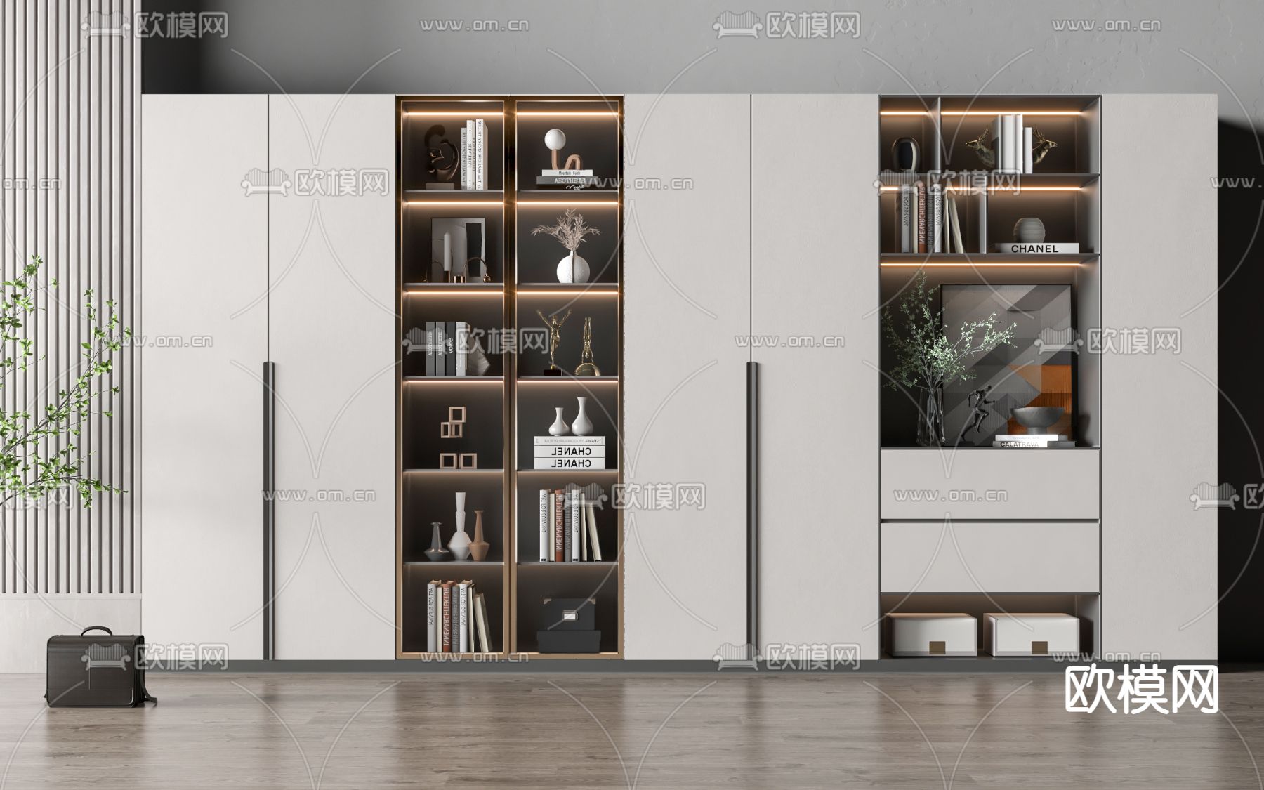 现代轻奢书柜su模型下载（渲染图1）
