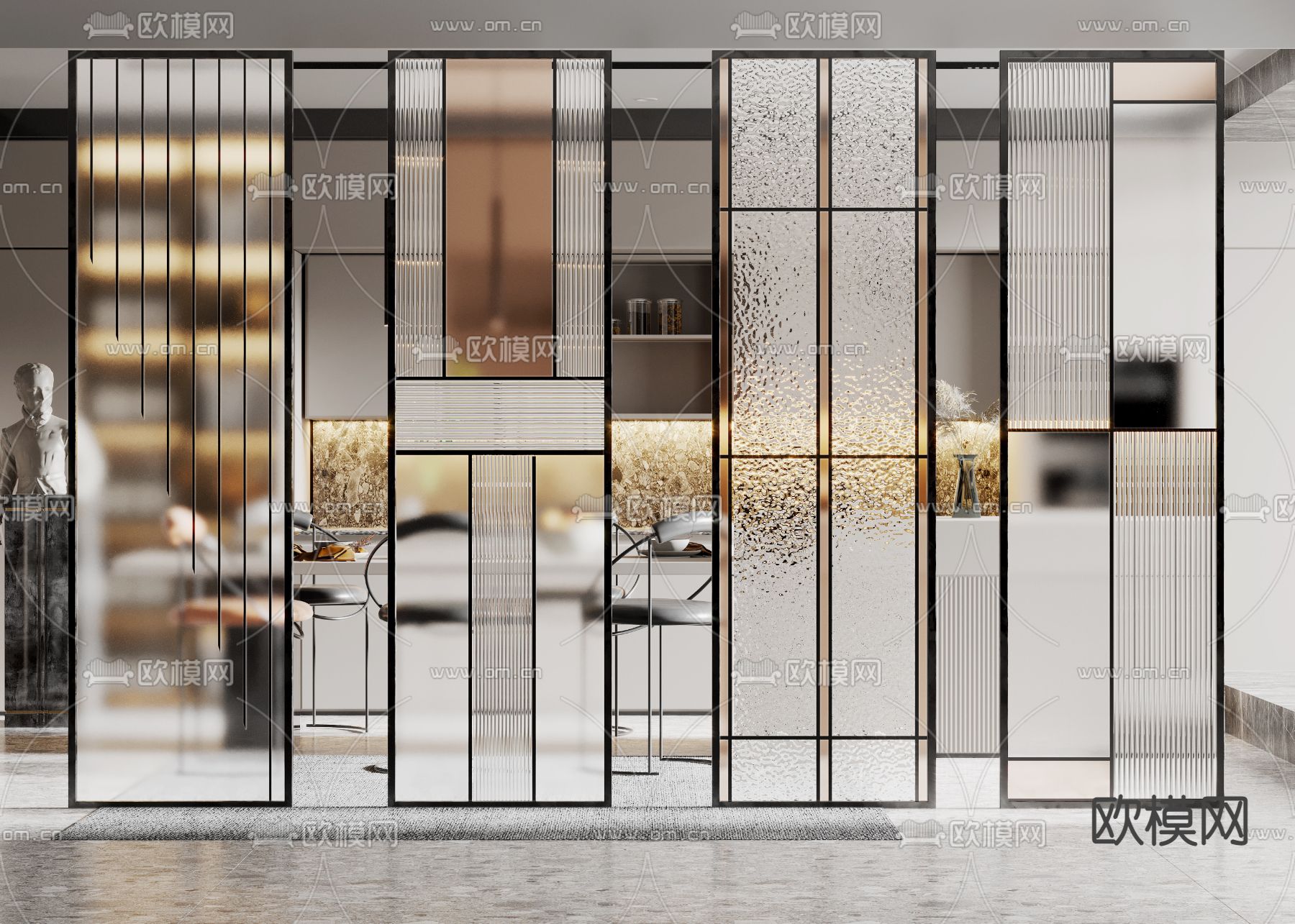 现代玻璃屏风隔断su模型下载（渲染图1）