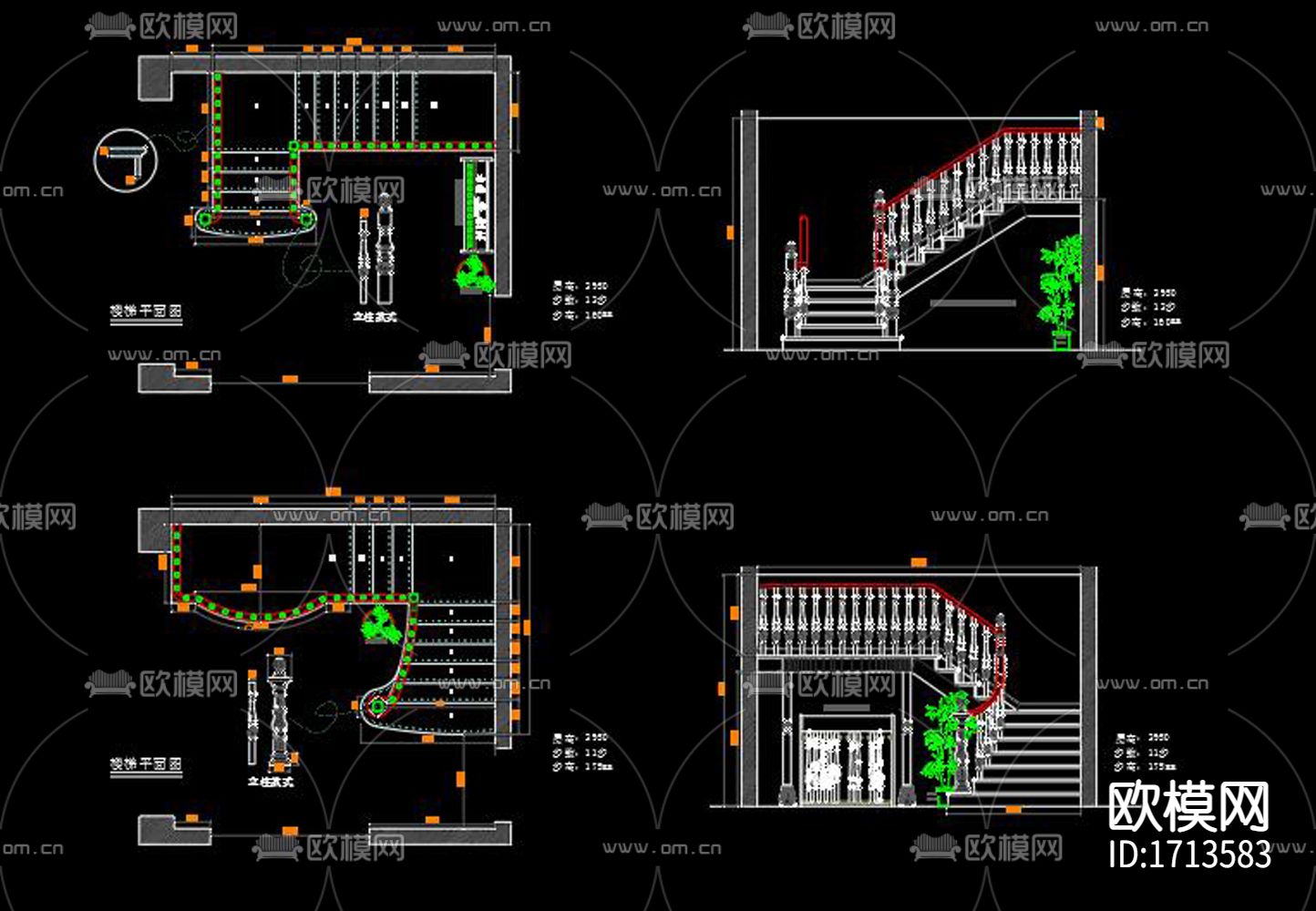 实木楼梯cad立面图下载（渲染图3）