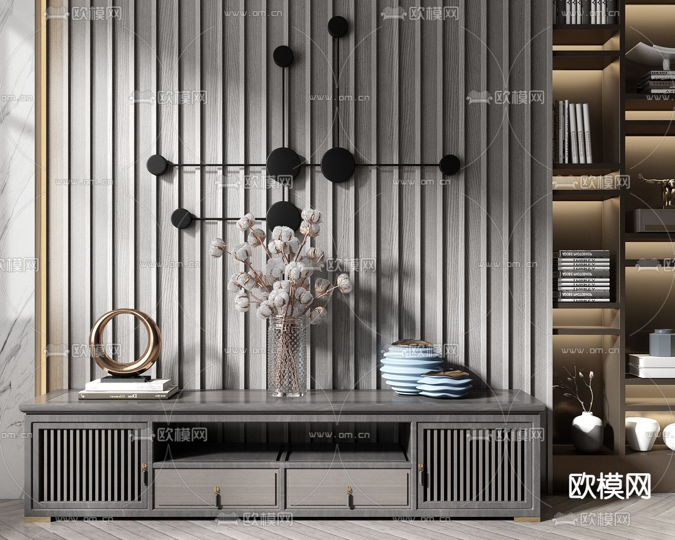 新中式轻奢端景柜su模型下载（渲染图1）