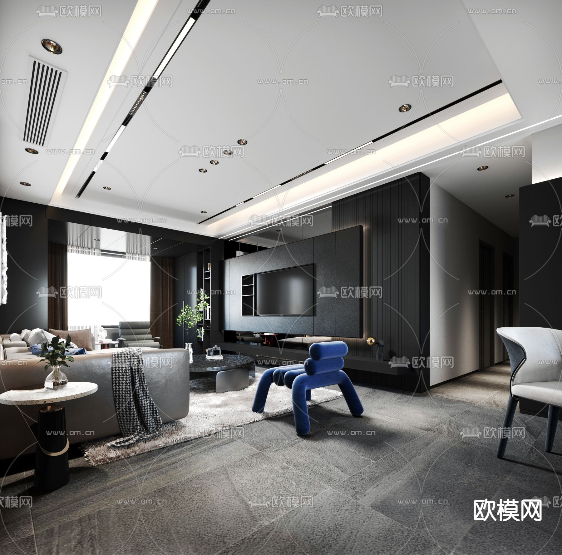 现代高级灰客厅餐厅3d模型