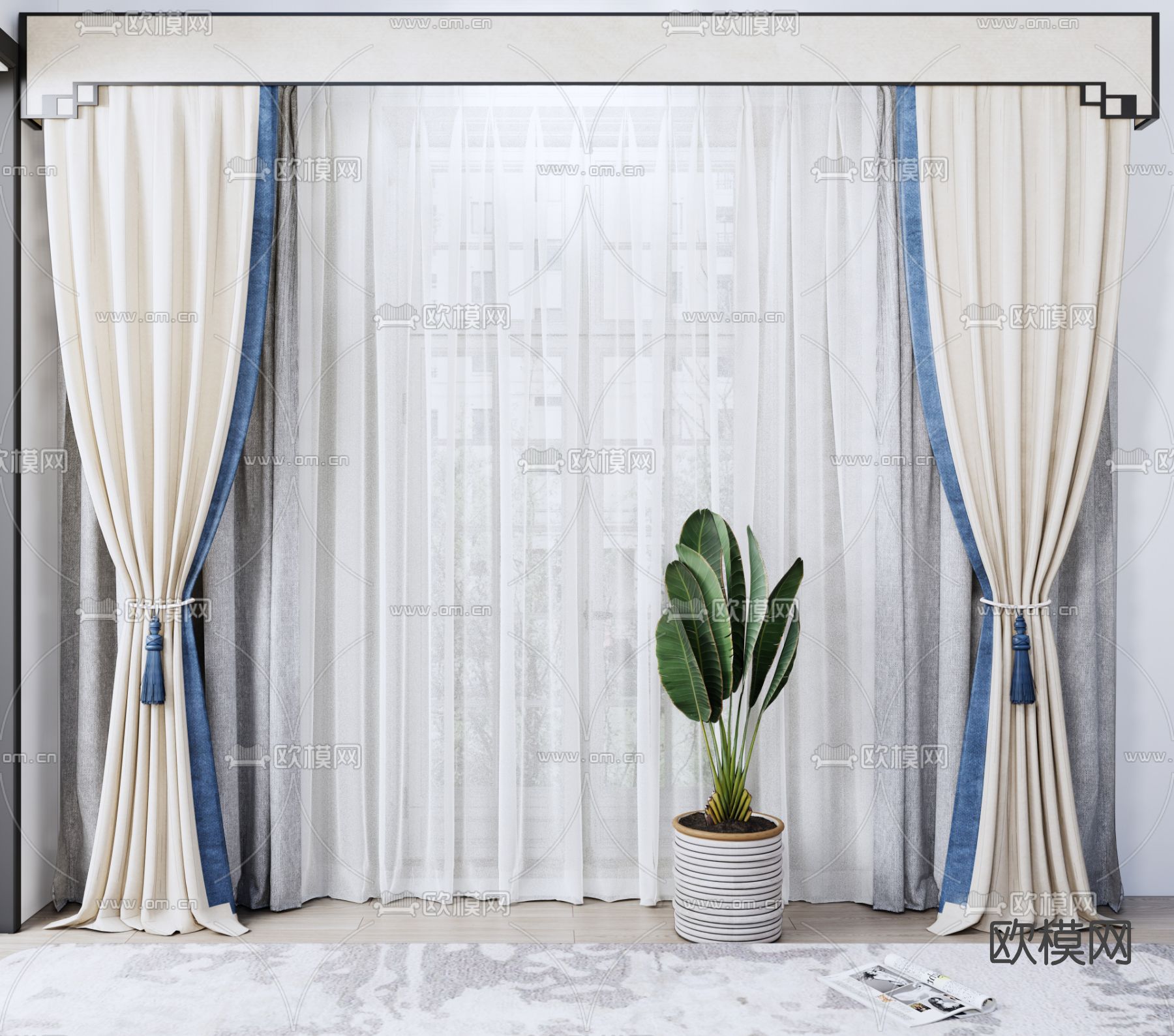 新中式布艺窗帘纱帘su模型下载（渲染图1）
