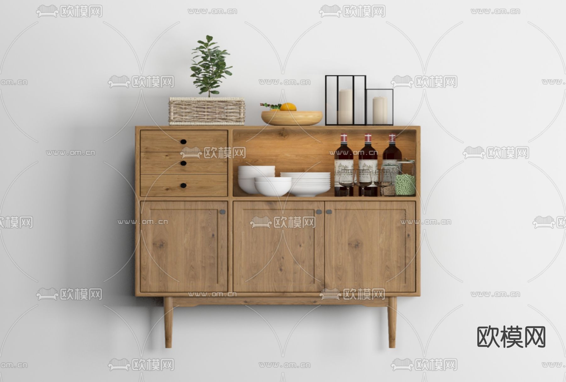 北欧实木餐边柜免费3d模型下载