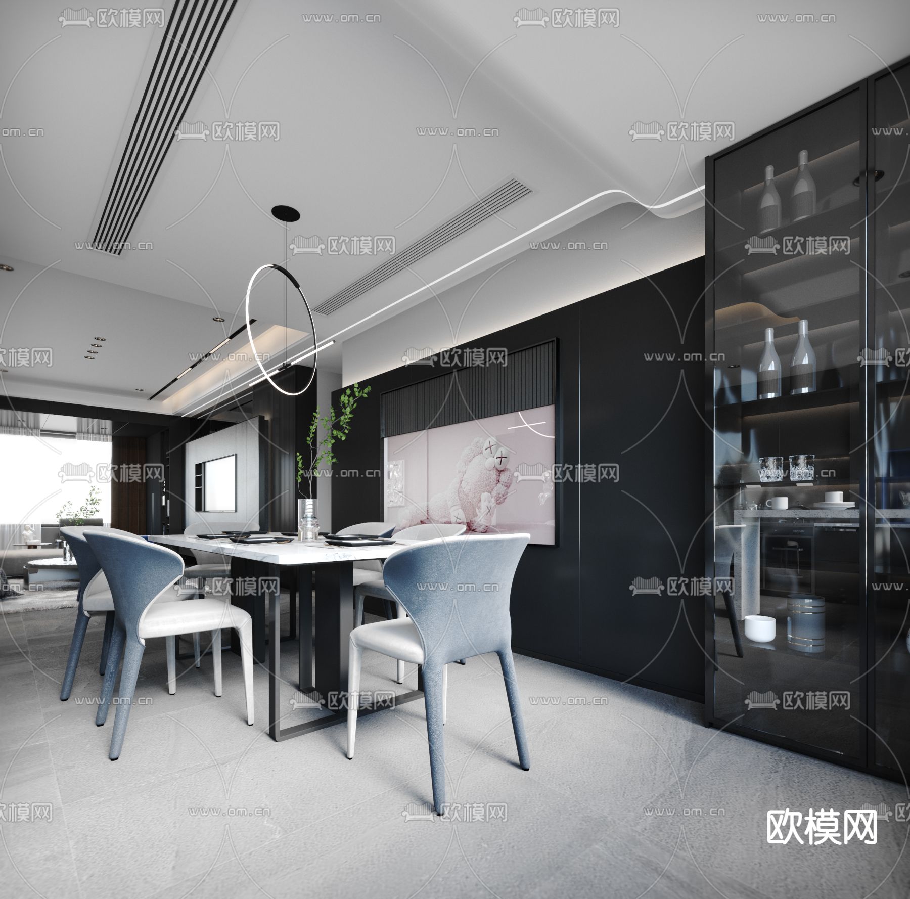 现代高级灰客厅餐厅3d模型