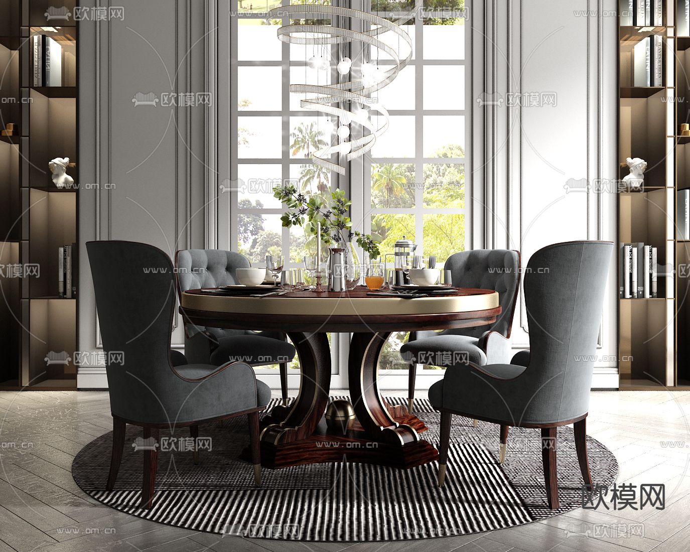美式圆形餐桌椅su模型下载（渲染图1）
