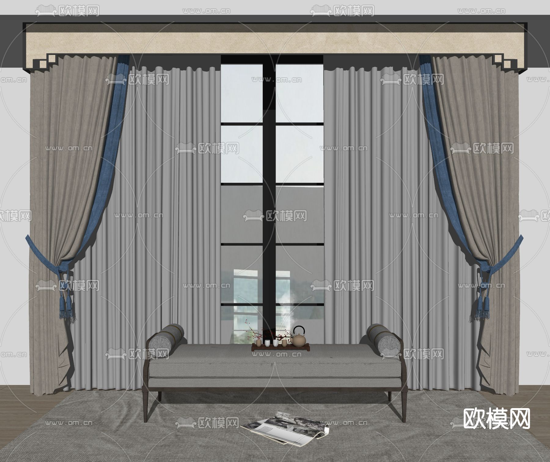 新中式布艺窗帘su模型下载（渲染图2）