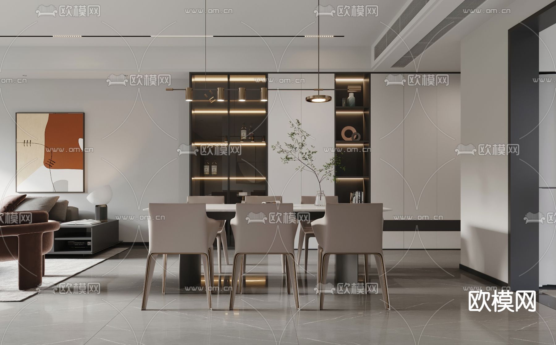 现代高级灰客餐厅3d模型下载（渲染图2）