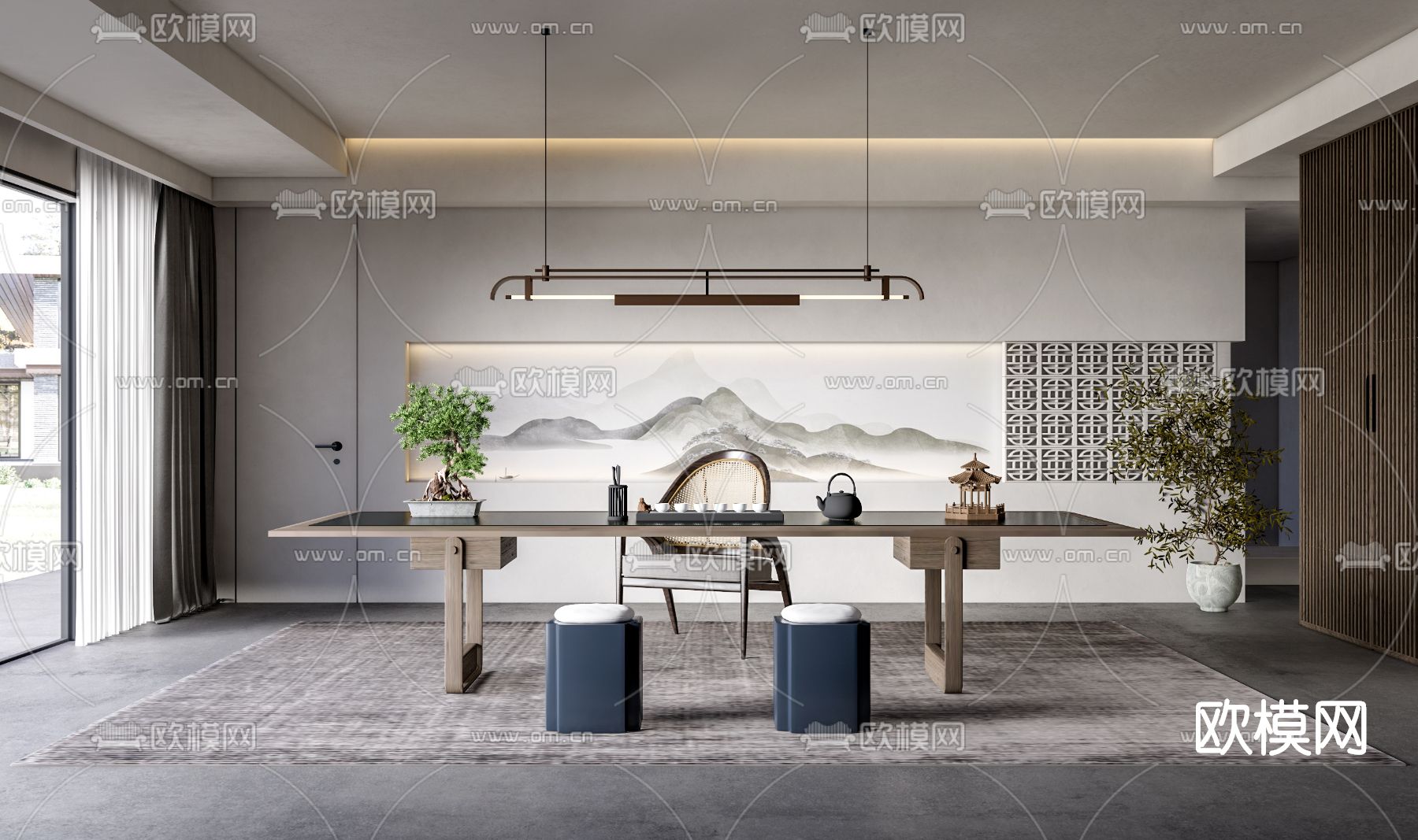 新中式实木茶桌椅su模型