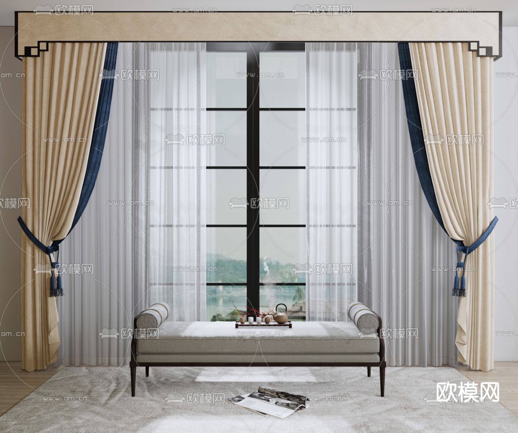 新中式布艺窗帘su模型下载（渲染图1）
