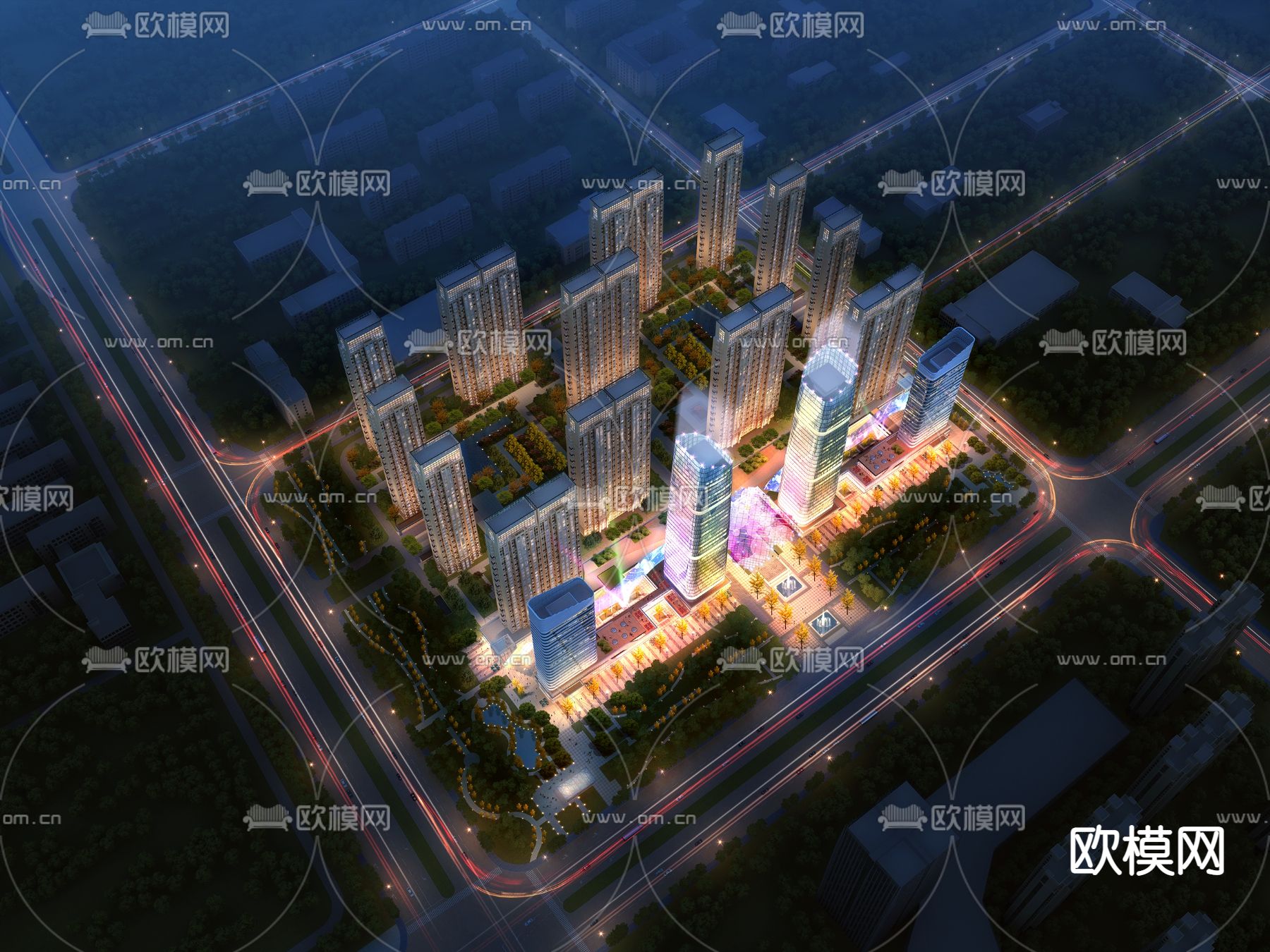 现代商场办公楼鸟瞰夜景3d模型下载