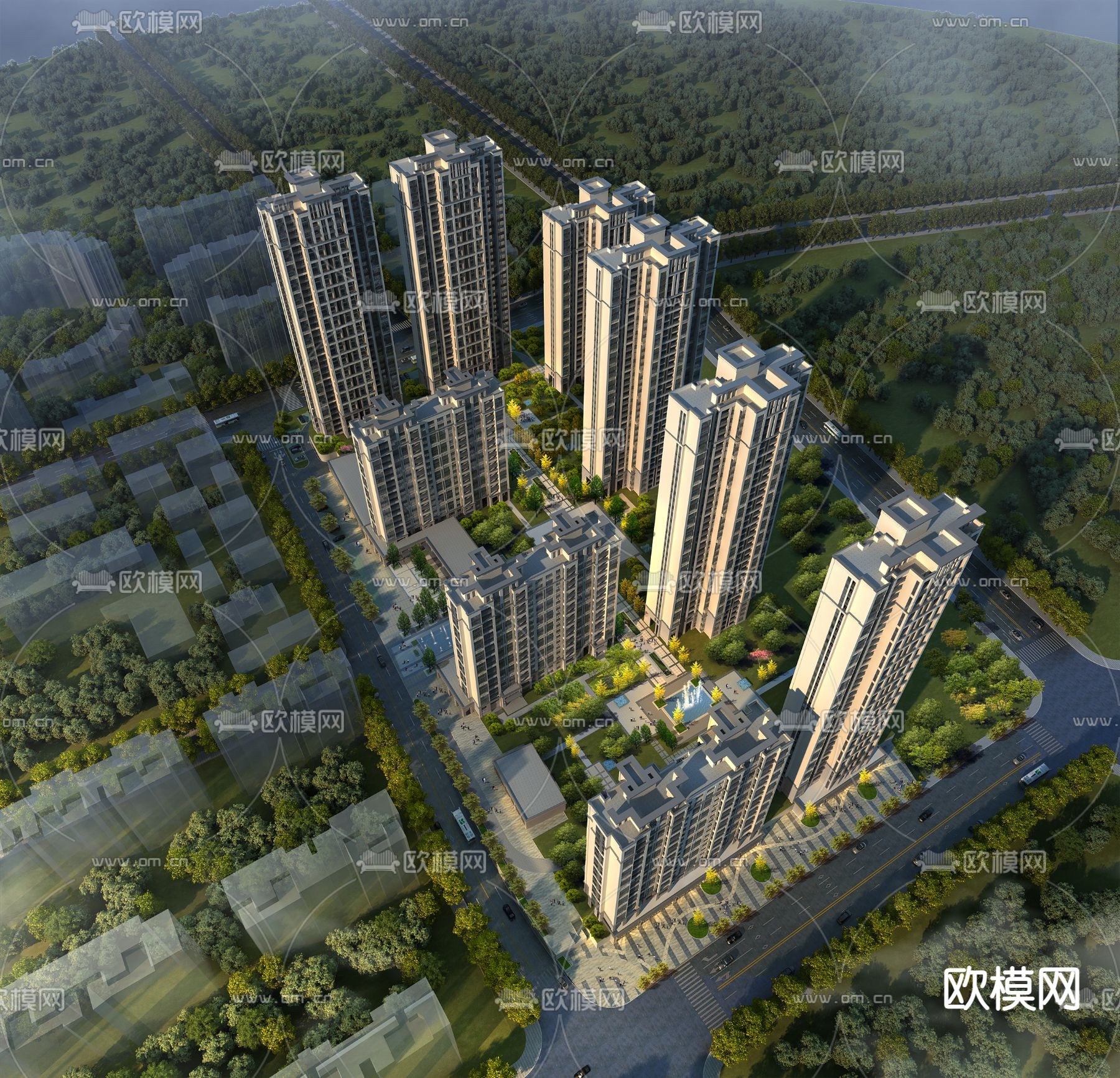 现代住宅小区鸟瞰3d模型下载（渲染图1）