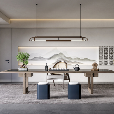 新中式实木茶桌椅su模型