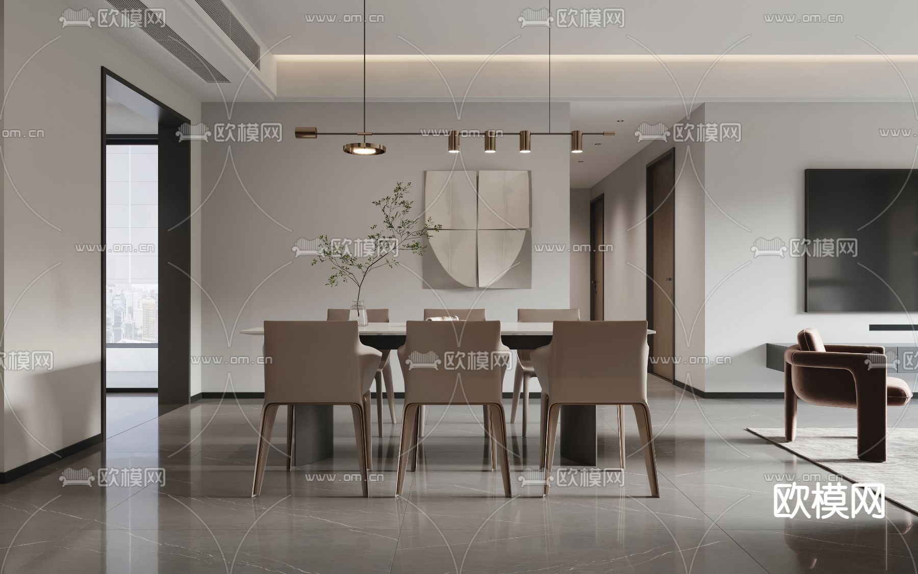 现代高级灰客餐厅3d模型下载（渲染图4）