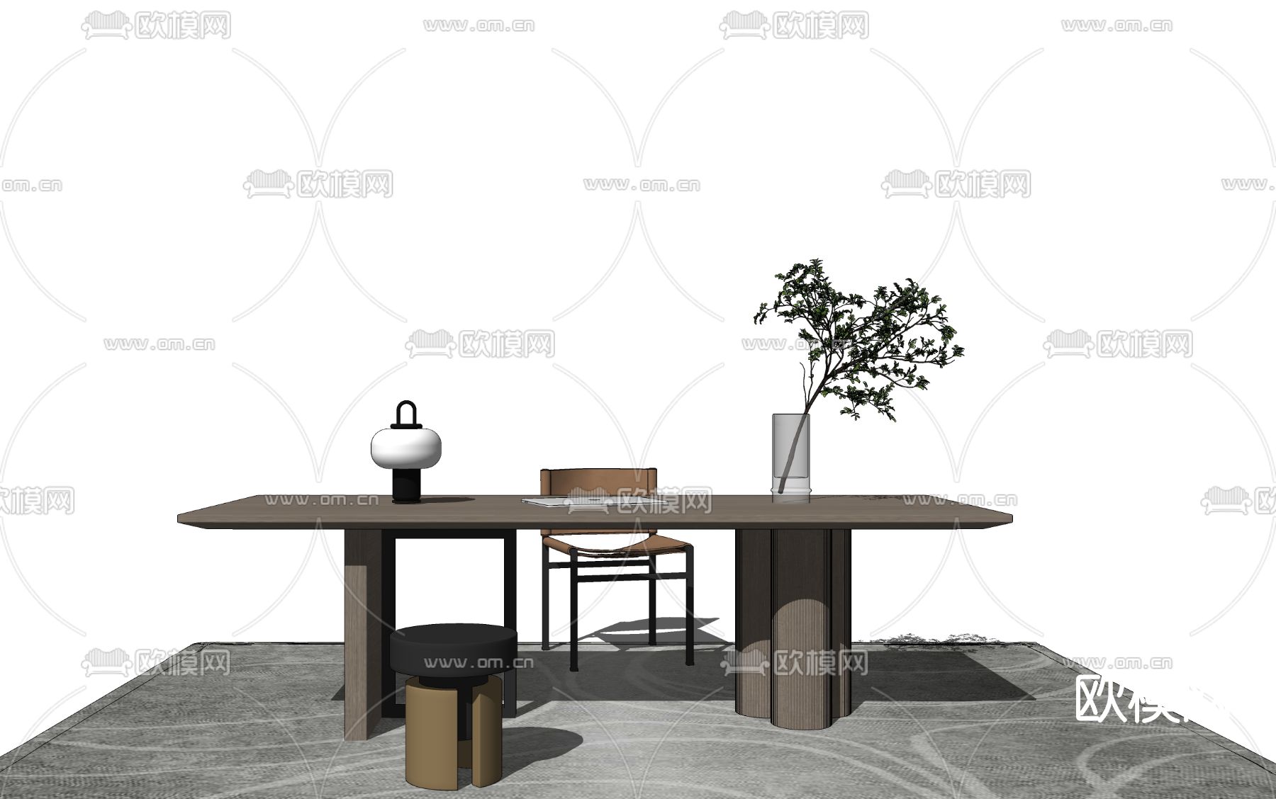 新中式书桌椅su模型下载（渲染图2）