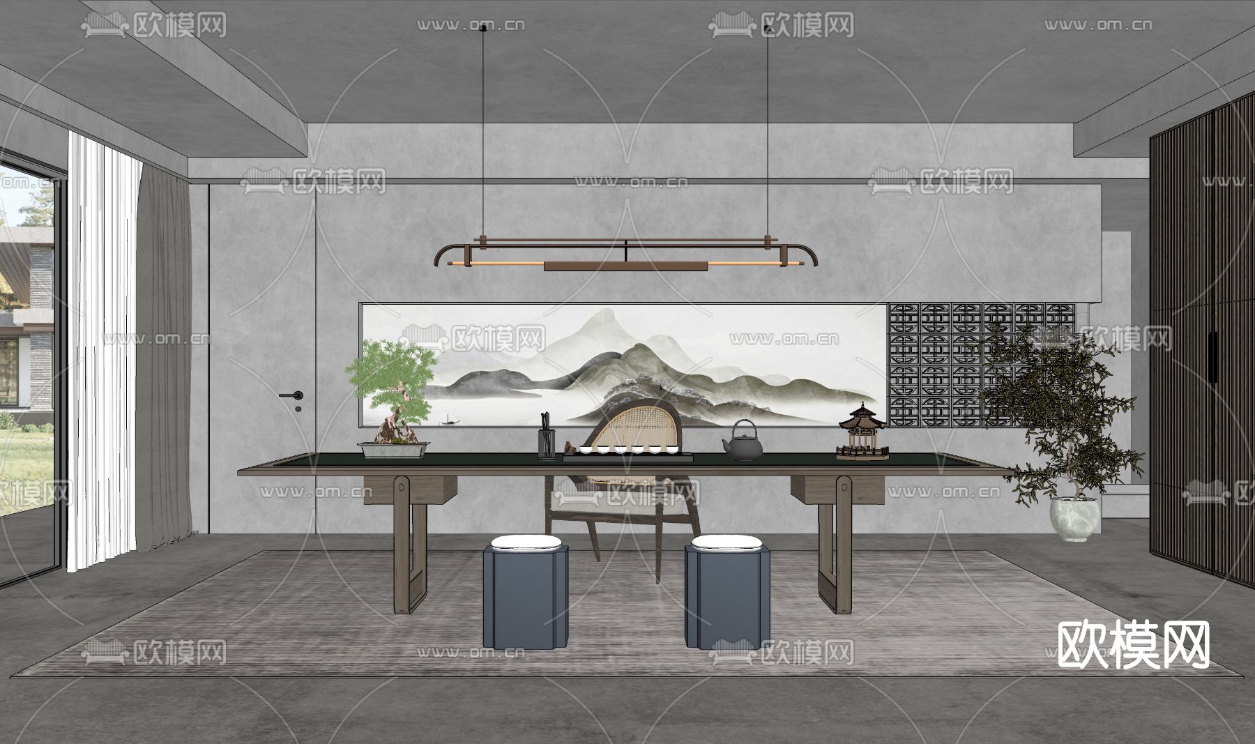 新中式实木茶桌椅su模型