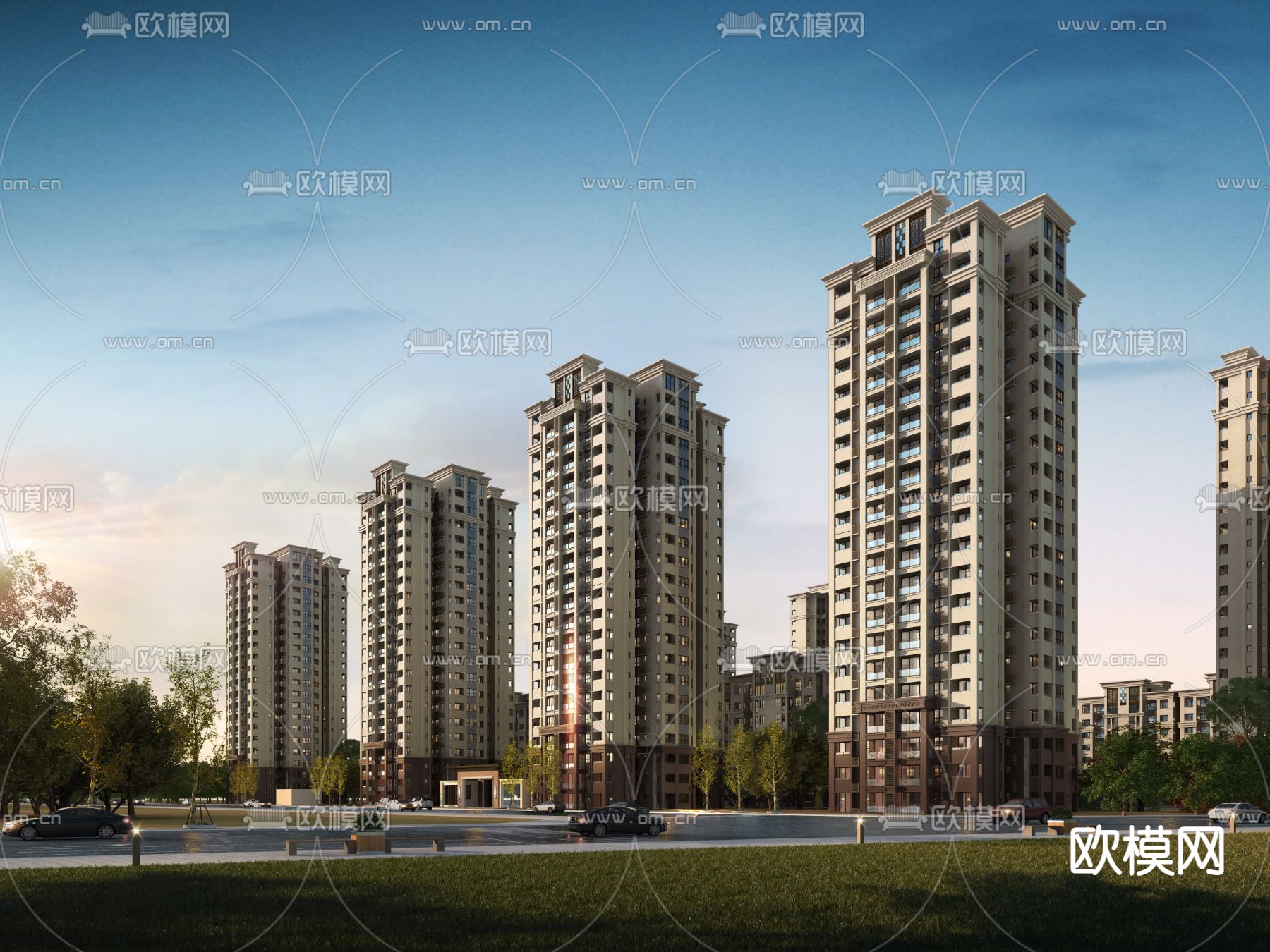 简欧高层住宅楼外观3d模型下载