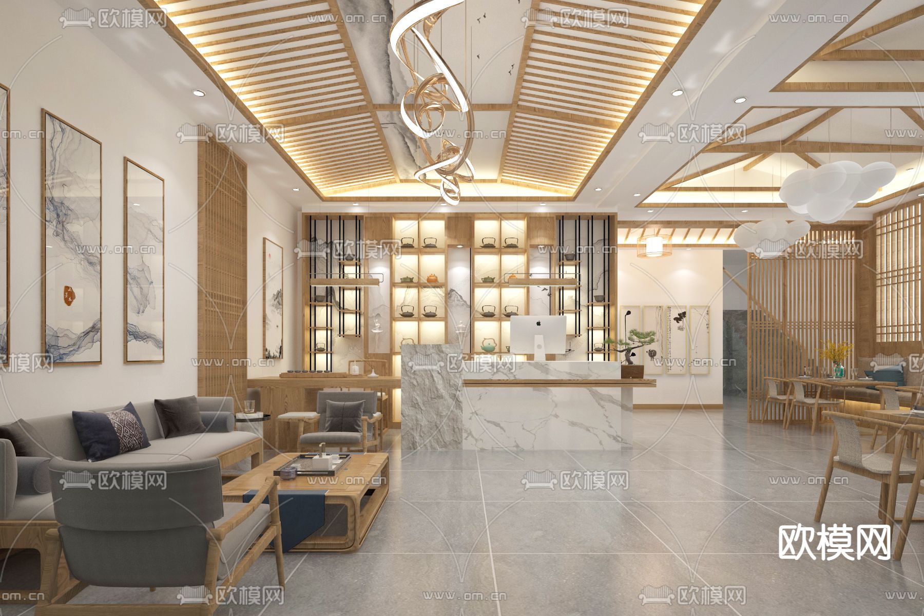 现代民宿大厅免费3d模型下载（渲染图1）