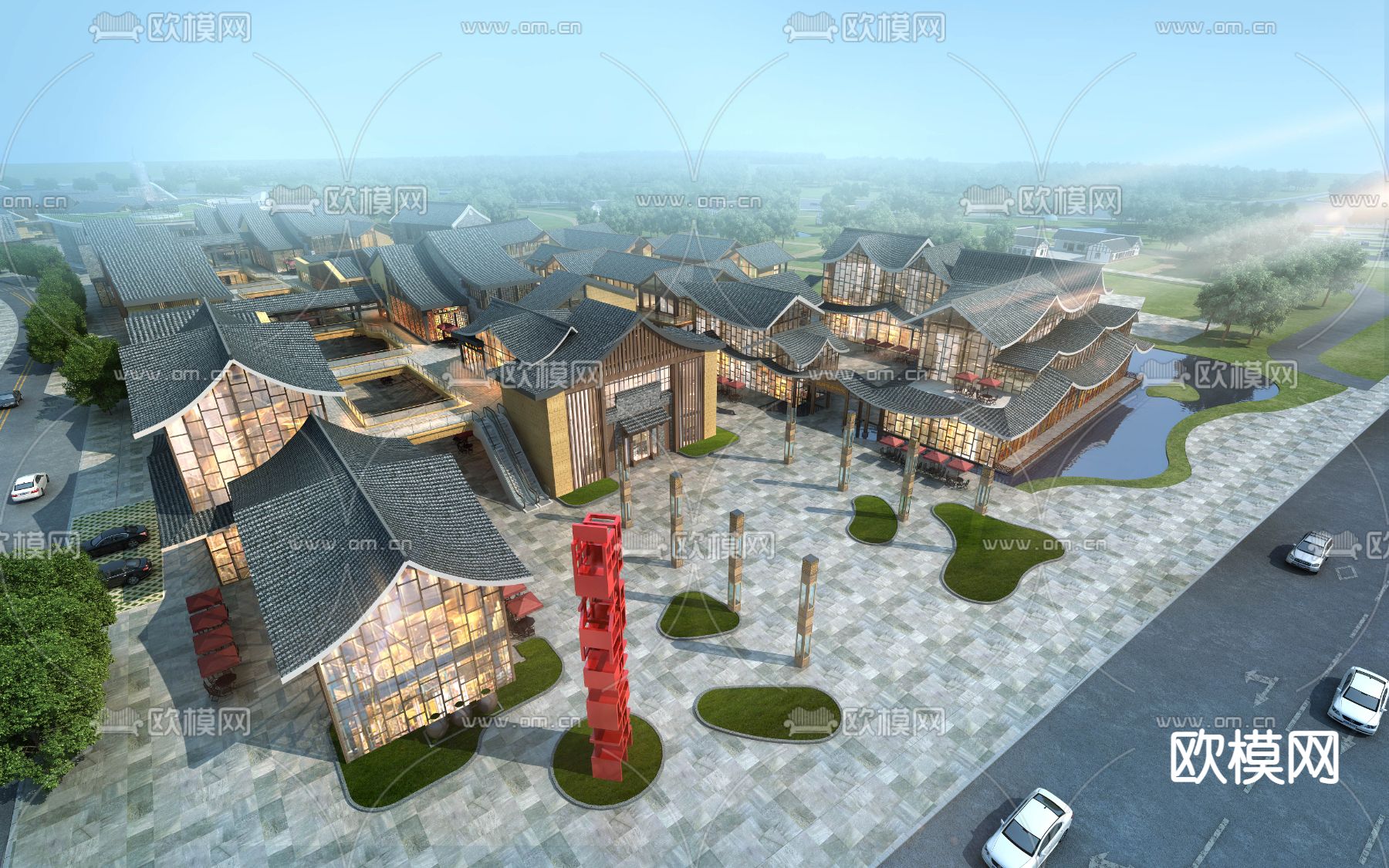 中式商业街鸟瞰3d模型下载
