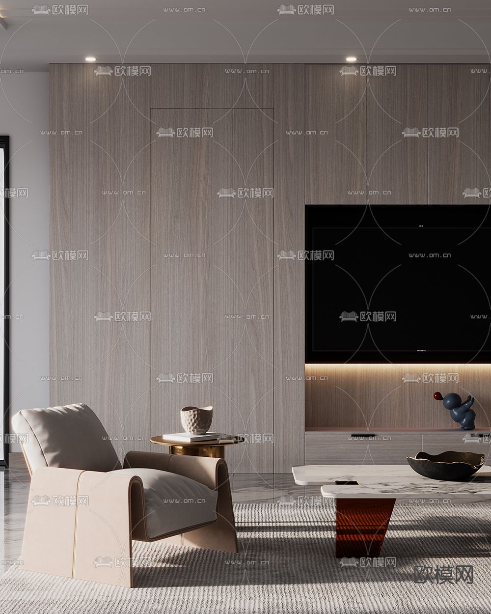 现代电视背景墙沙发组合3d模型下载（渲染图3）