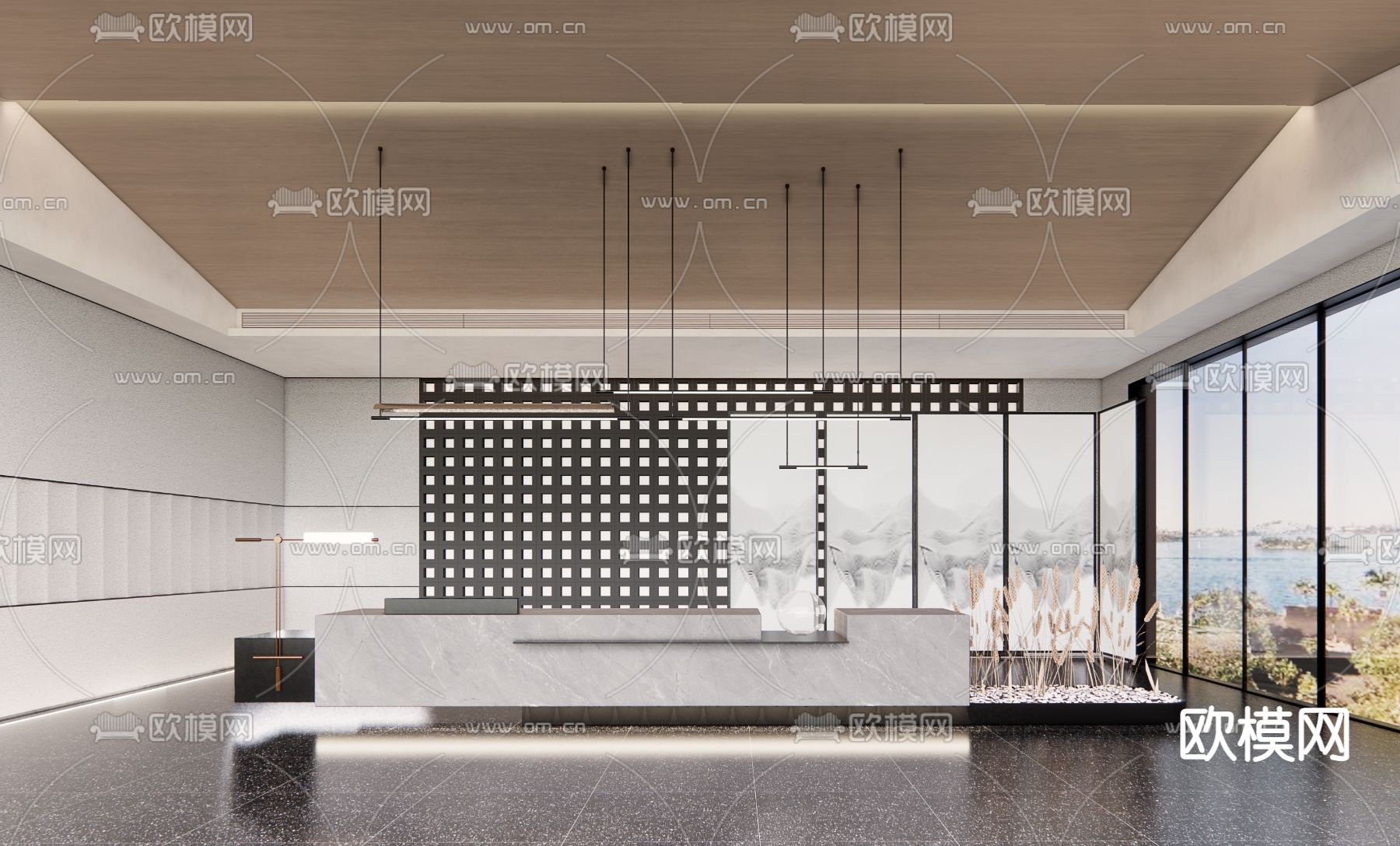 新中式酒店大堂前台su模型下载（渲染图1）