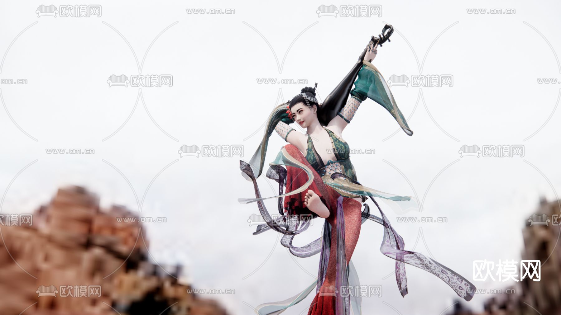 中式飞天反弹琵琶美女su模型下载（渲染图1）