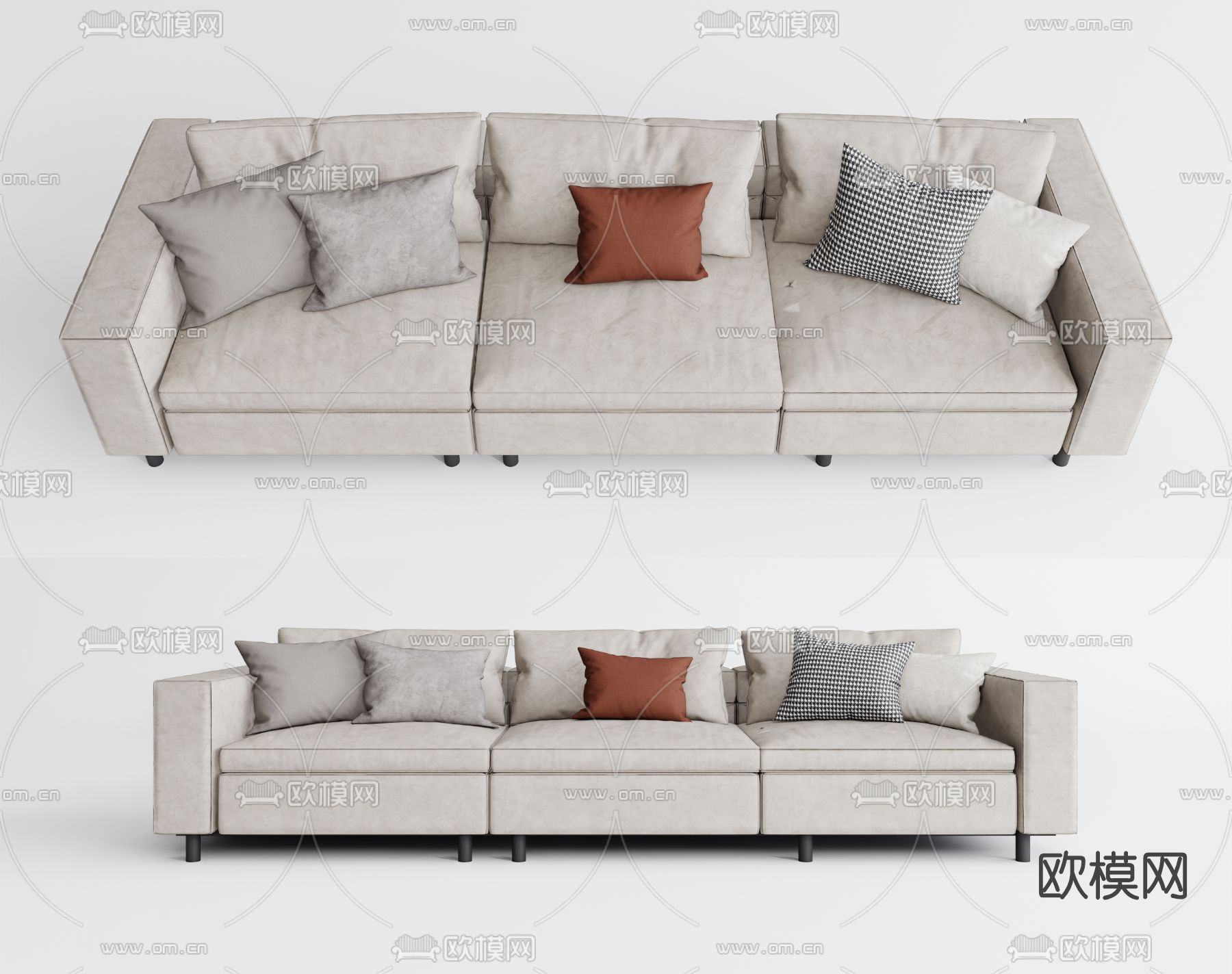 现代布艺三人沙发su模型下载（渲染图1）