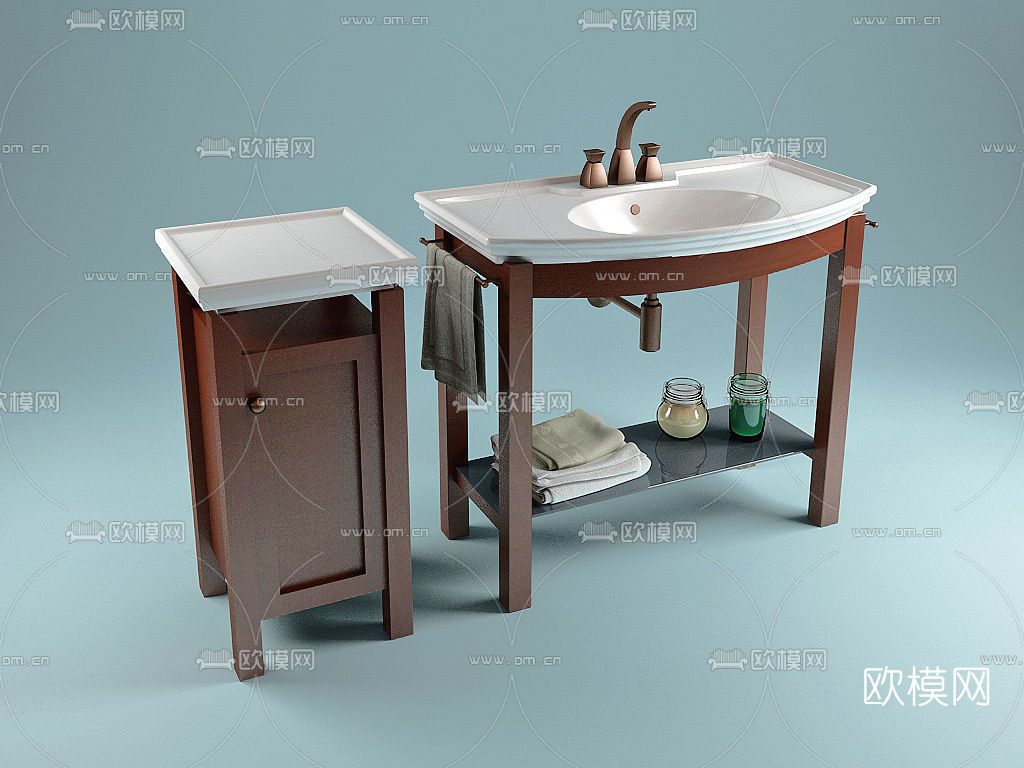 美式木质洗手台浴室柜免费3d模型