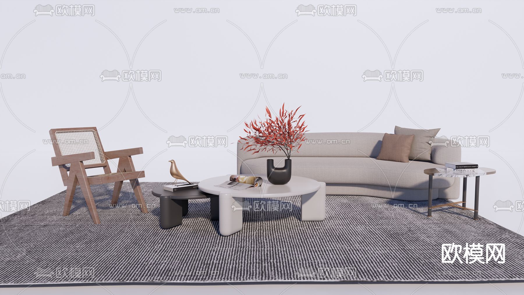 现代布艺多人沙发su模型下载（渲染图1）