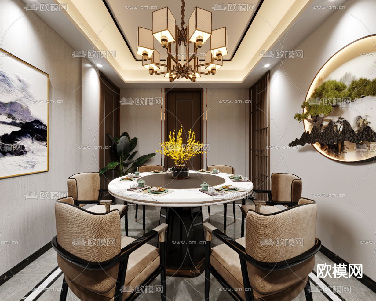 新中式餐厅包间cr全景3d模型