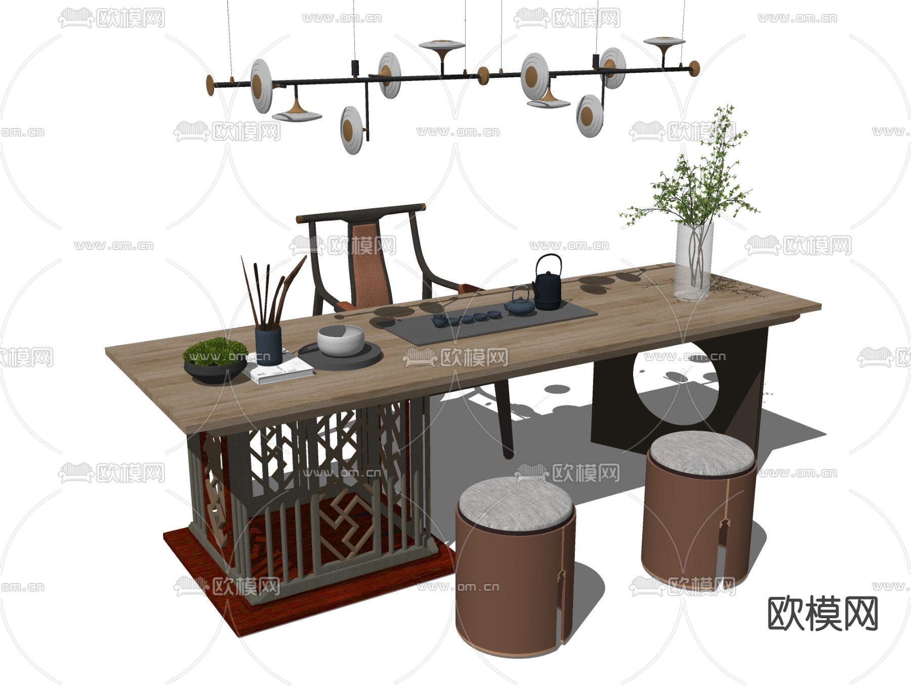 新中式茶桌椅su模型下载（渲染图2）