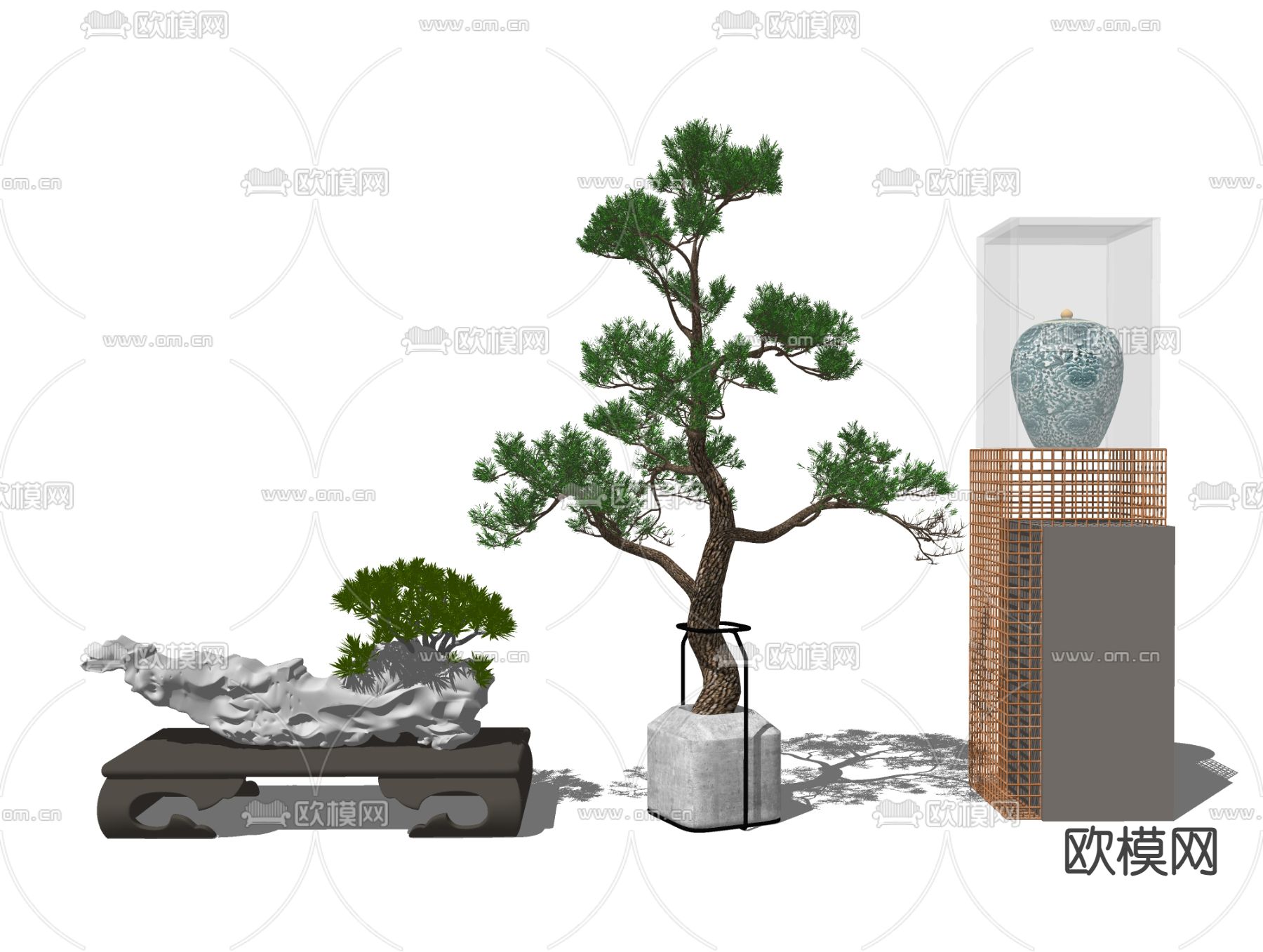 新中式松树盆栽盆景su模型下载（渲染图2）