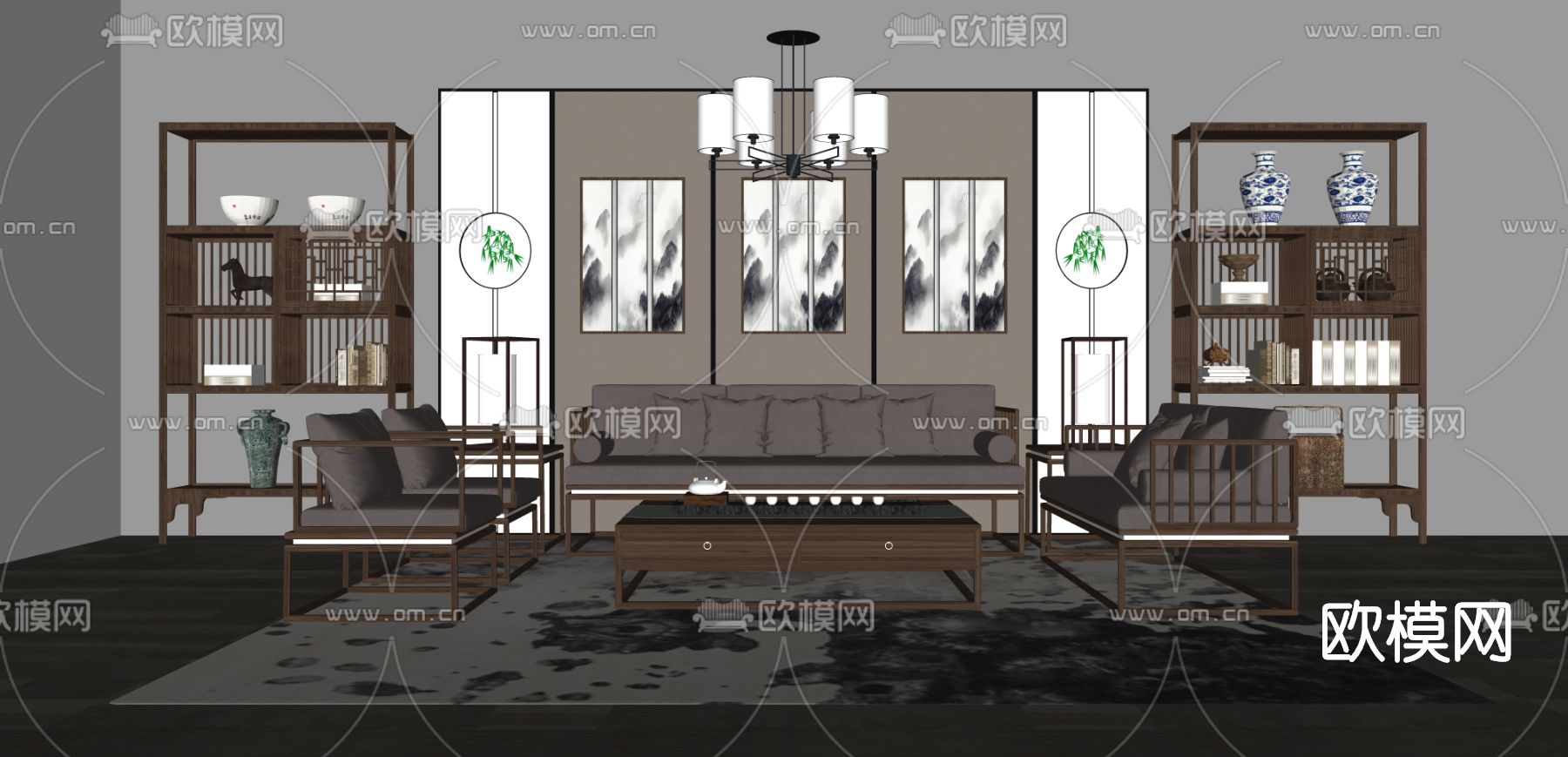 中式布艺沙发组合su模型