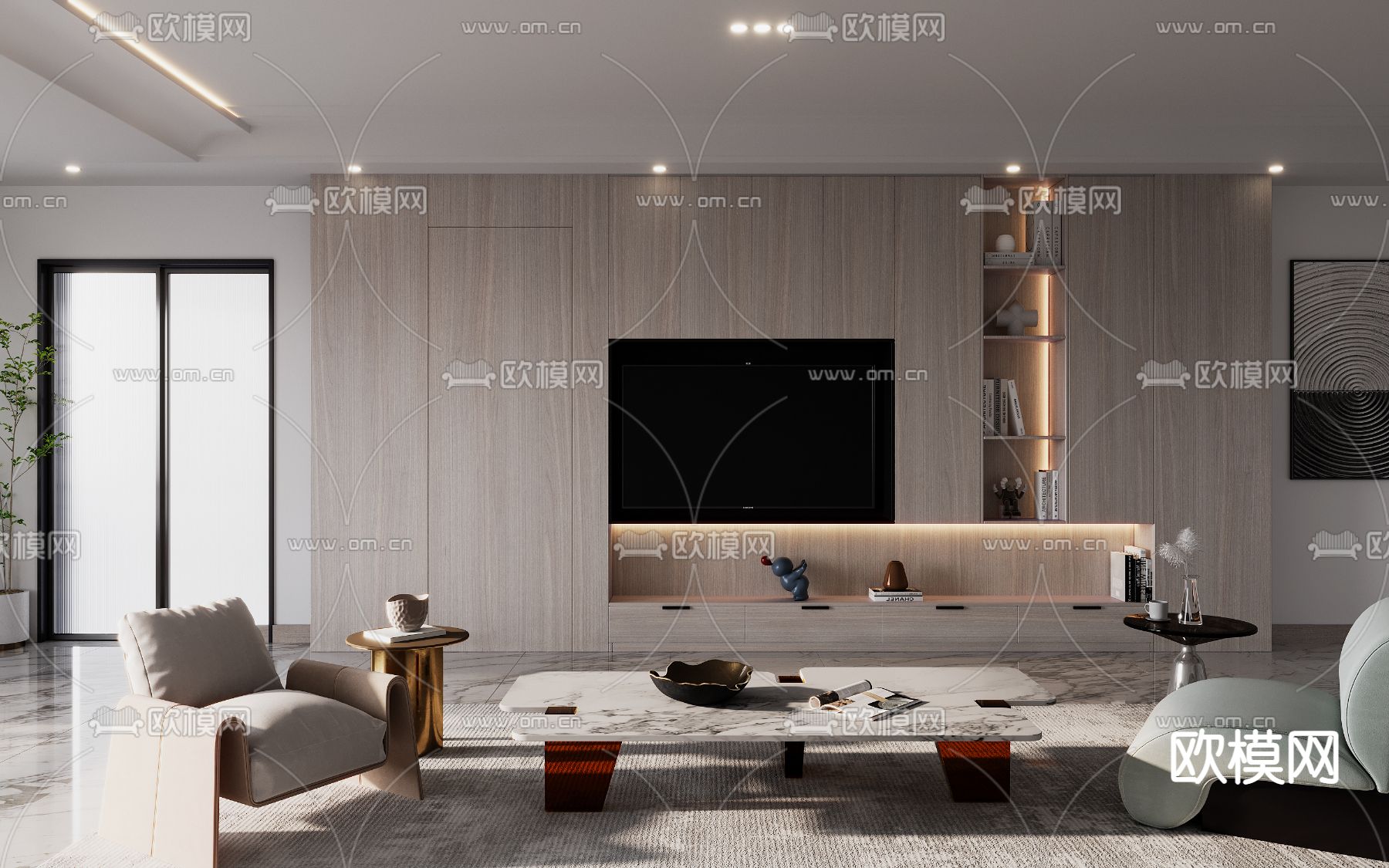 现代电视背景墙沙发组合3d模型下载（渲染图1）