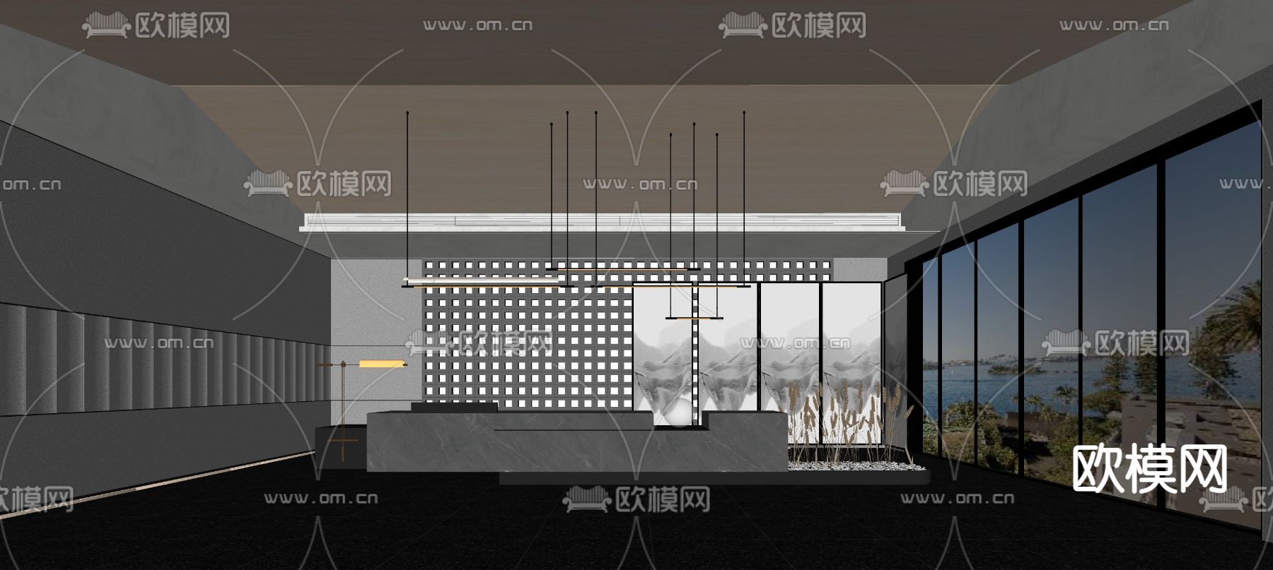 新中式酒店大堂前台su模型下载（渲染图2）