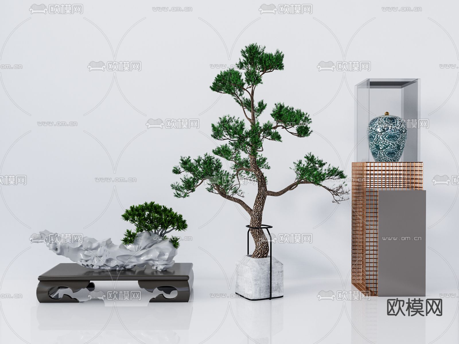 新中式松树盆栽盆景su模型下载（渲染图1）