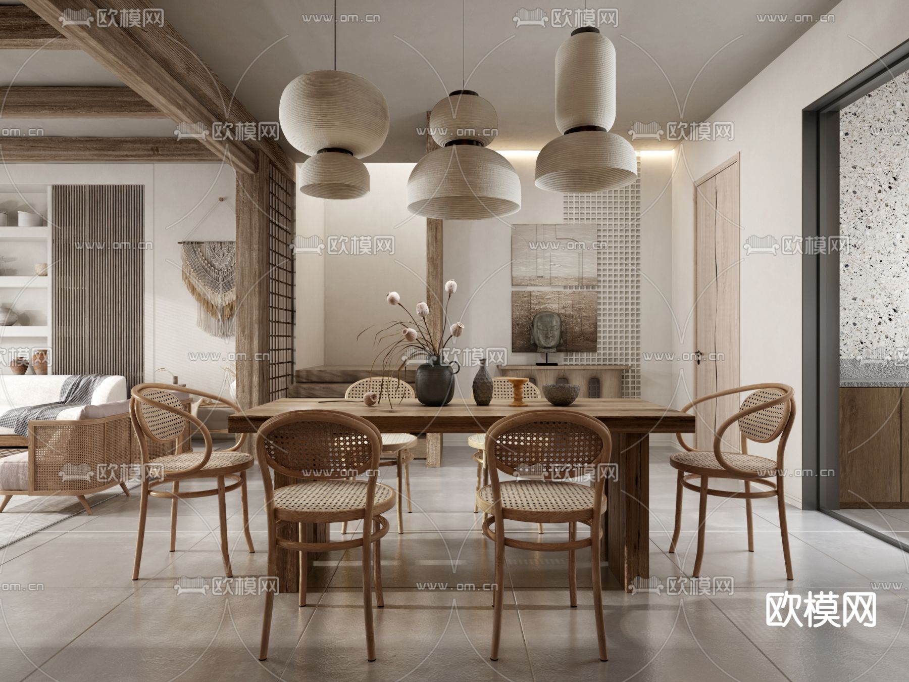 侘寂客厅餐厅3d模型下载（渲染图4）