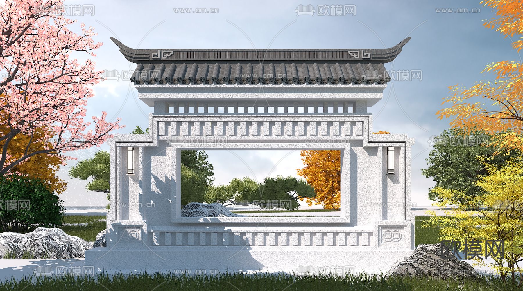 新中式园林景观墙3d模型下载