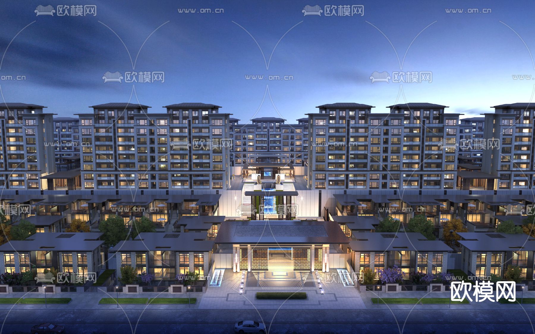 现代联排别墅小区夜景鸟瞰3d模型下载