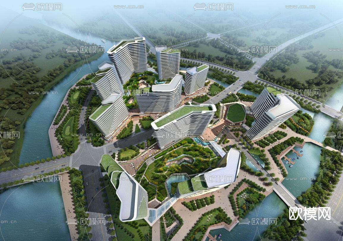 现代办公园区鸟瞰su模型下载（渲染图1）