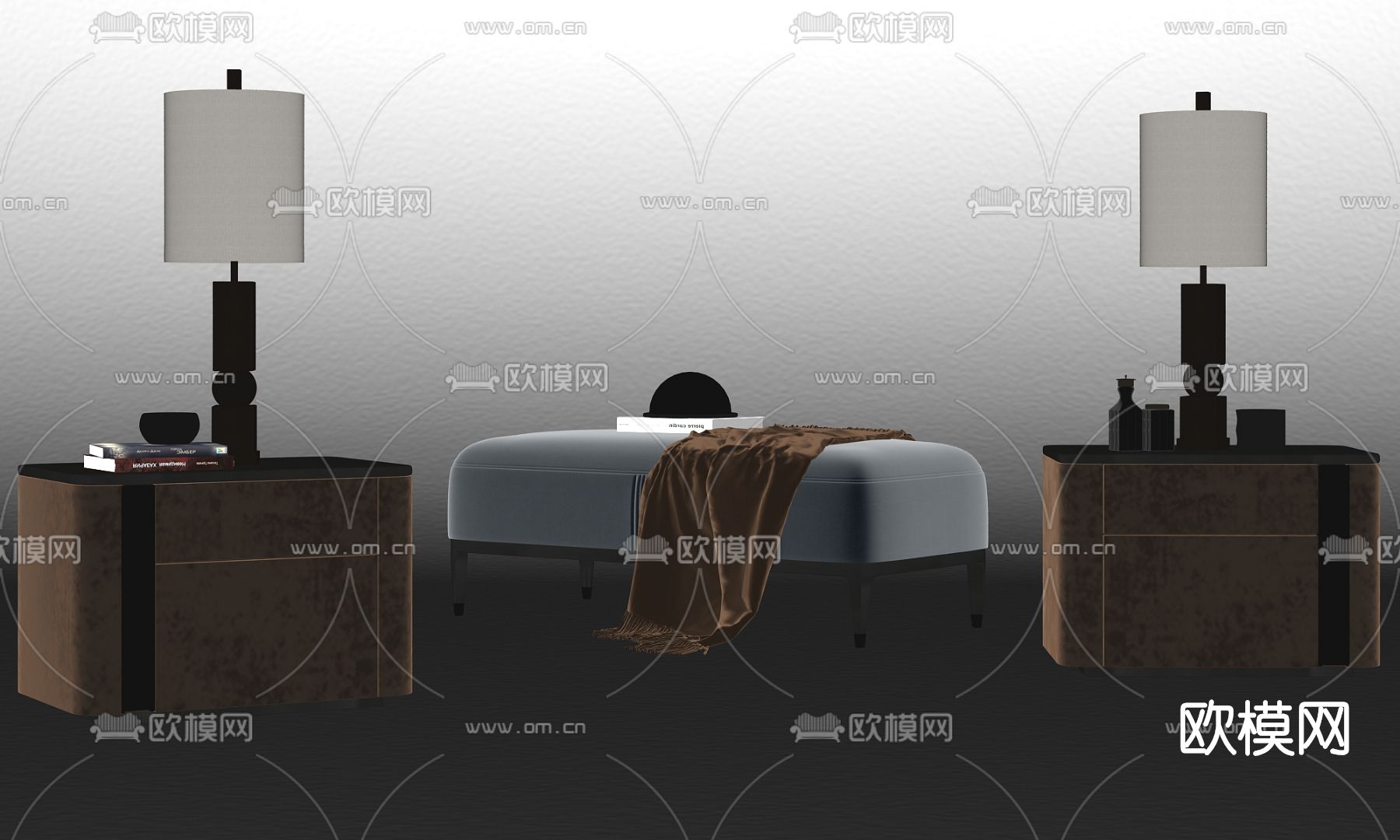 现代轻奢床头柜床尾凳su模型下载（渲染图2）