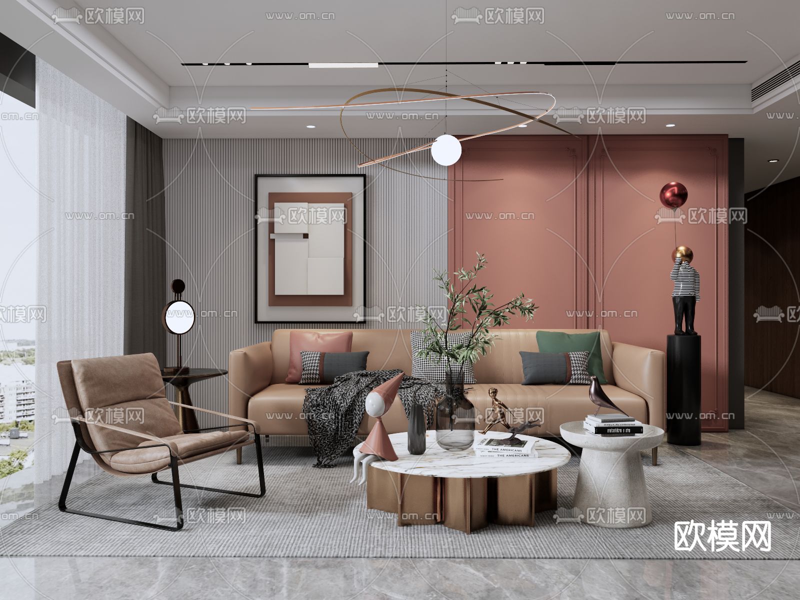 现代皮革沙发组合su模型下载（渲染图1）