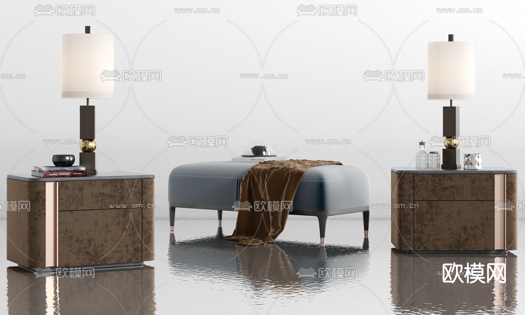 现代轻奢床头柜床尾凳su模型下载（渲染图1）