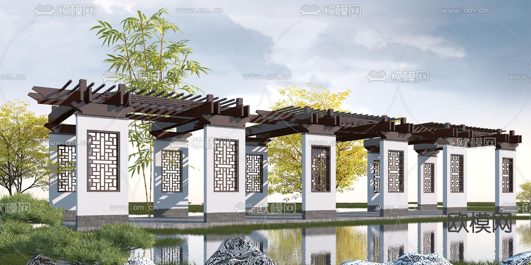 新中式长廊园林景观小品3d模型下载