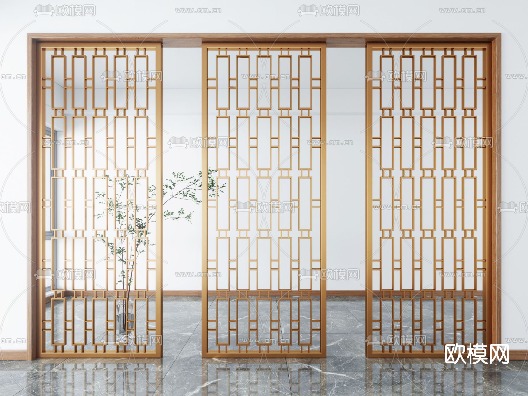 新中式镂空屏风隔断su模型下载（渲染图1）