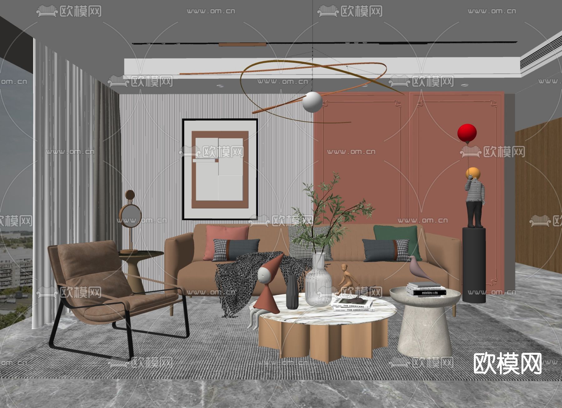 现代皮革沙发组合su模型下载（渲染图2）