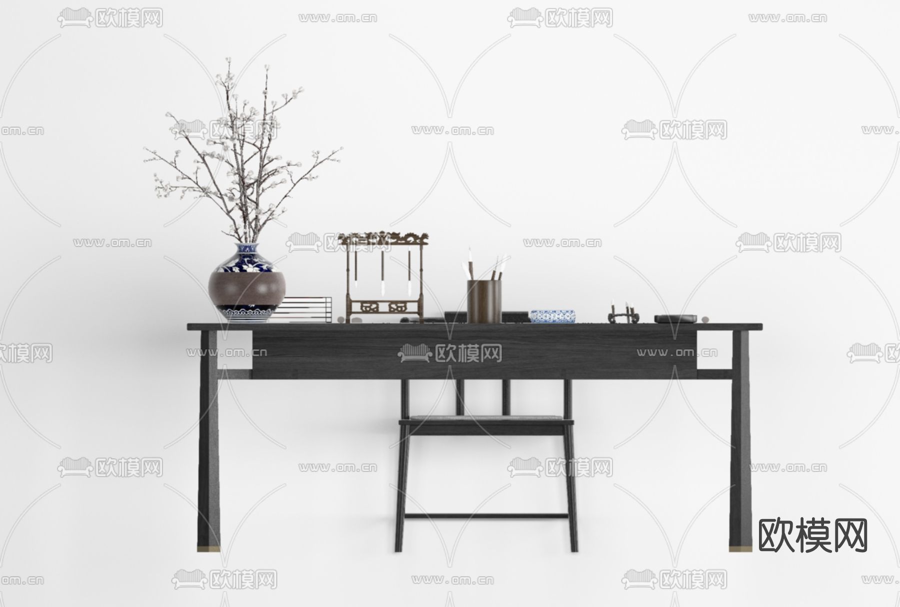 新中式书桌椅免费3d模型下载