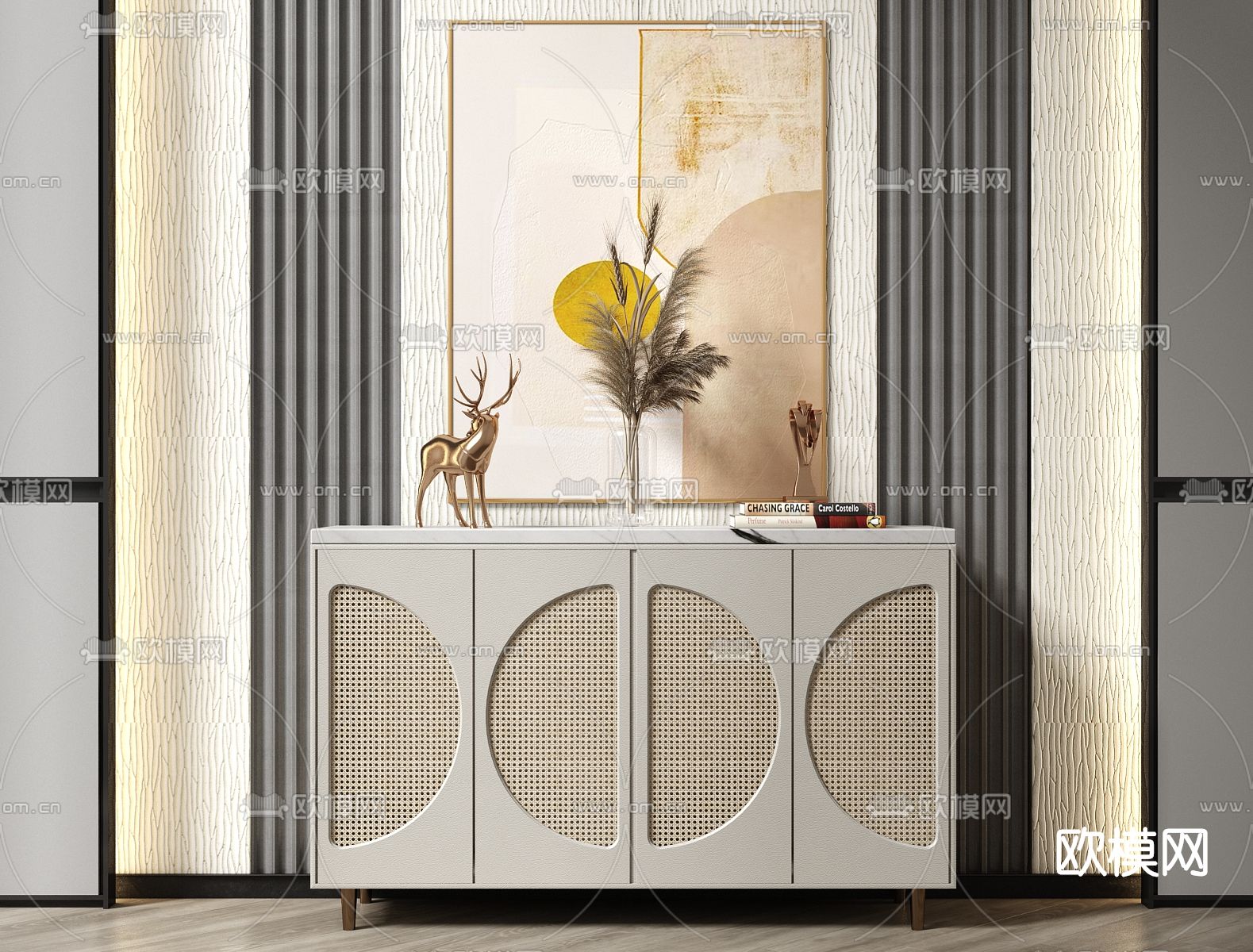 现代藤编端景柜su模型下载（渲染图1）
