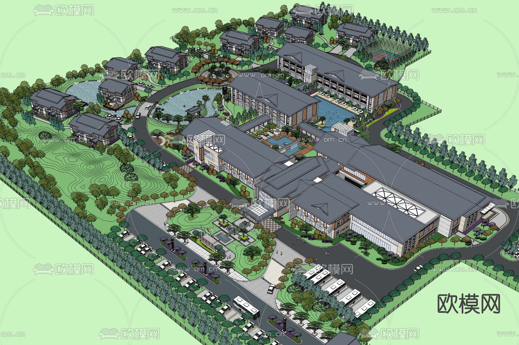 新中式度假酒店鸟瞰su模型下载（渲染图1）
