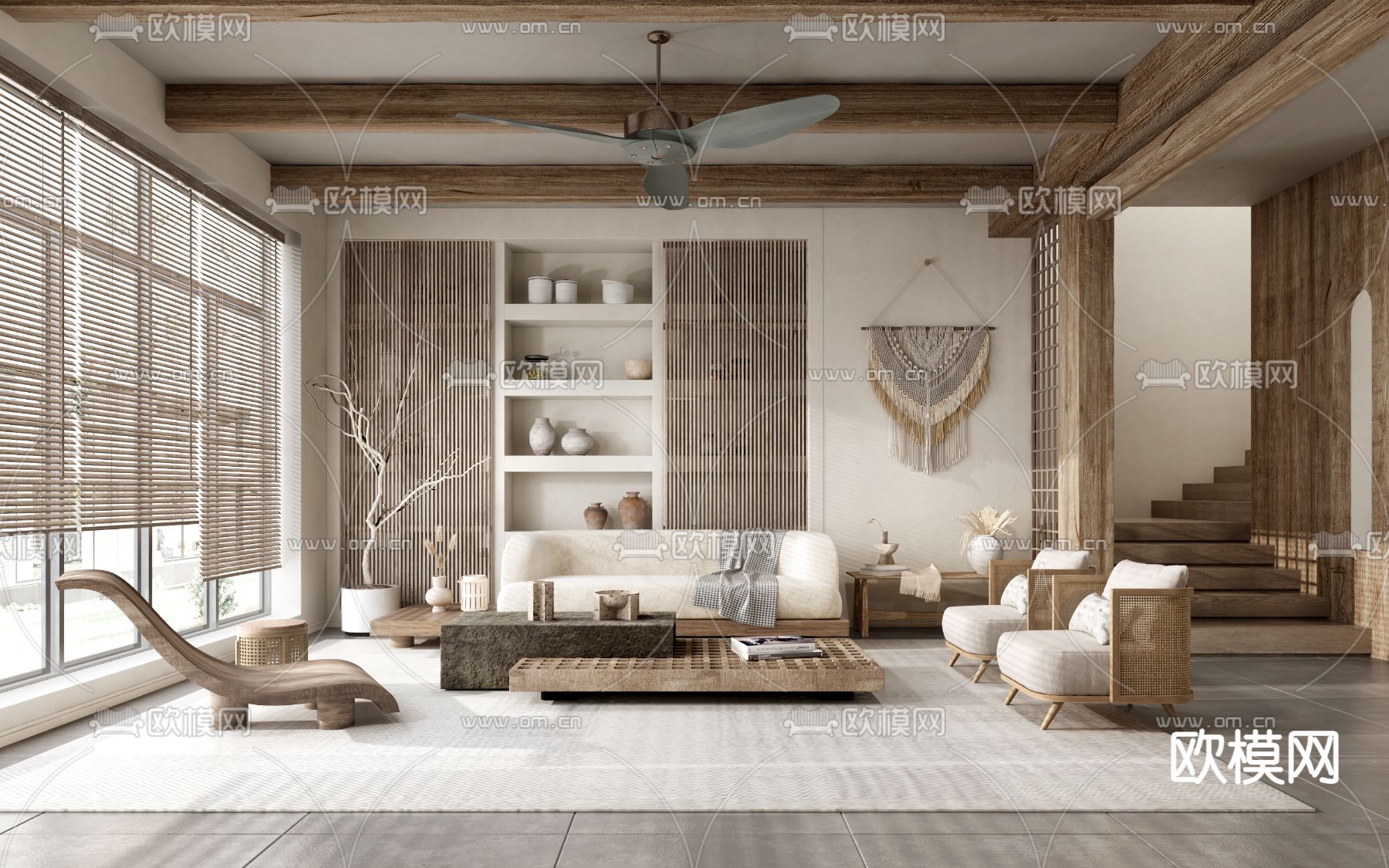 侘寂客厅餐厅3d模型下载（渲染图1）