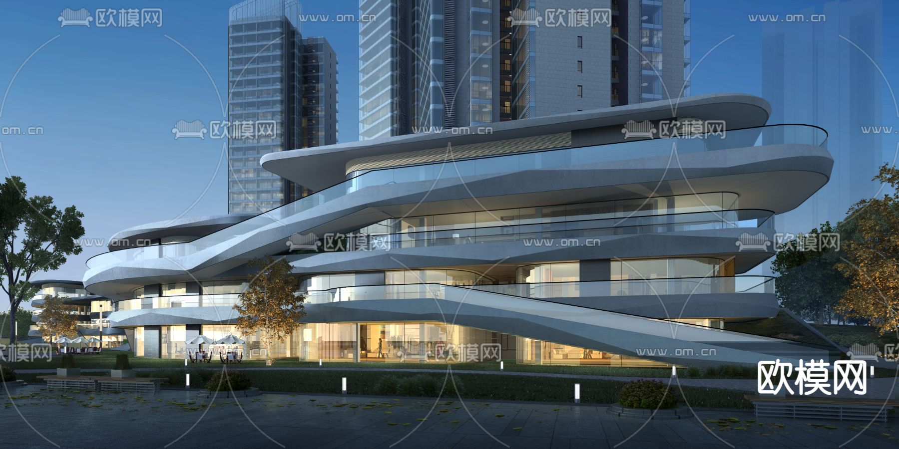 现代商场建筑外观夜景3d模型下载